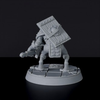 Fantasy miniature Croak the Ambusher frog fighter with sword and shield for Bloodfields tabletop RPG game