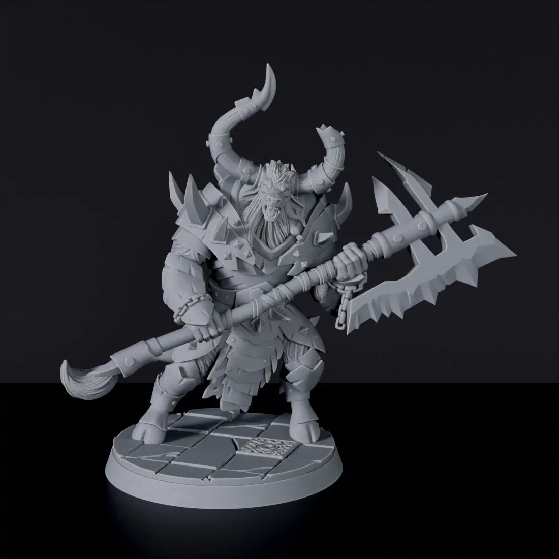 Fantasy miniatures of dwarf monster warrior Bogatur with halberd and armor - Bloodfields tabletop RPG game