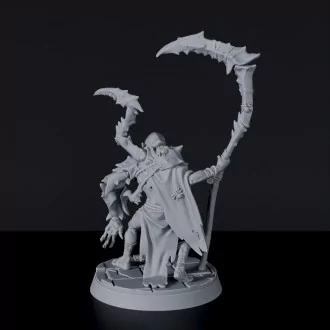 Fantasy miniature of wizard elf Grash Veno'Sar with cloak and scythe - dedicated set to army for Bloodfields tabletop RPG game