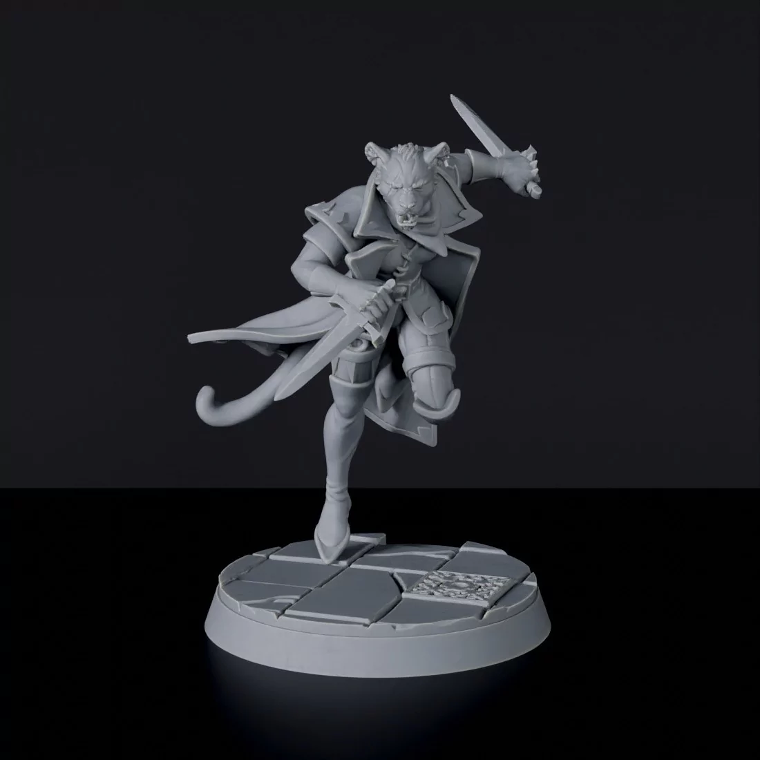 Fantasy miniatures of Ikati cat warrior with knifes and cloak - dedicated set to army for Bloodfields tabletop RPG game