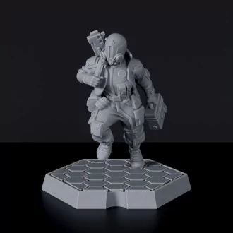 Futuristic miniature of sci fi human with suitcase and gun - Remy Yang Rapid Rescue Officer for Gridwars Corporation army