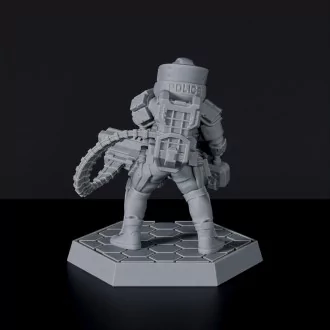 Sci-fi policeman with armor and machine gun - Deputy Hardfall miniature for Gridwars TCPD army
