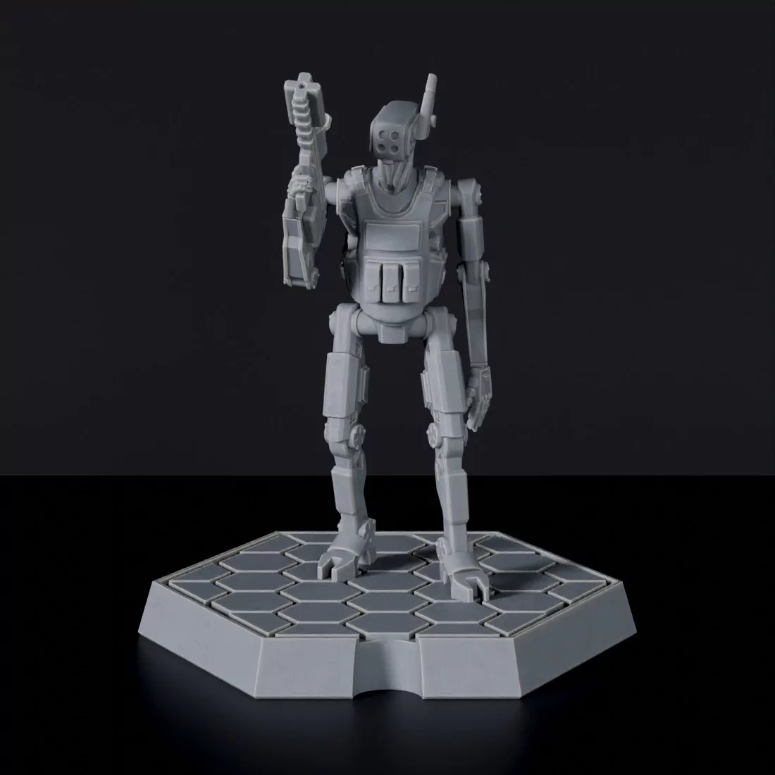 Futuristic miniature of sci fi police robot with gun - Roger-One 3 for Gridwars TCPD army