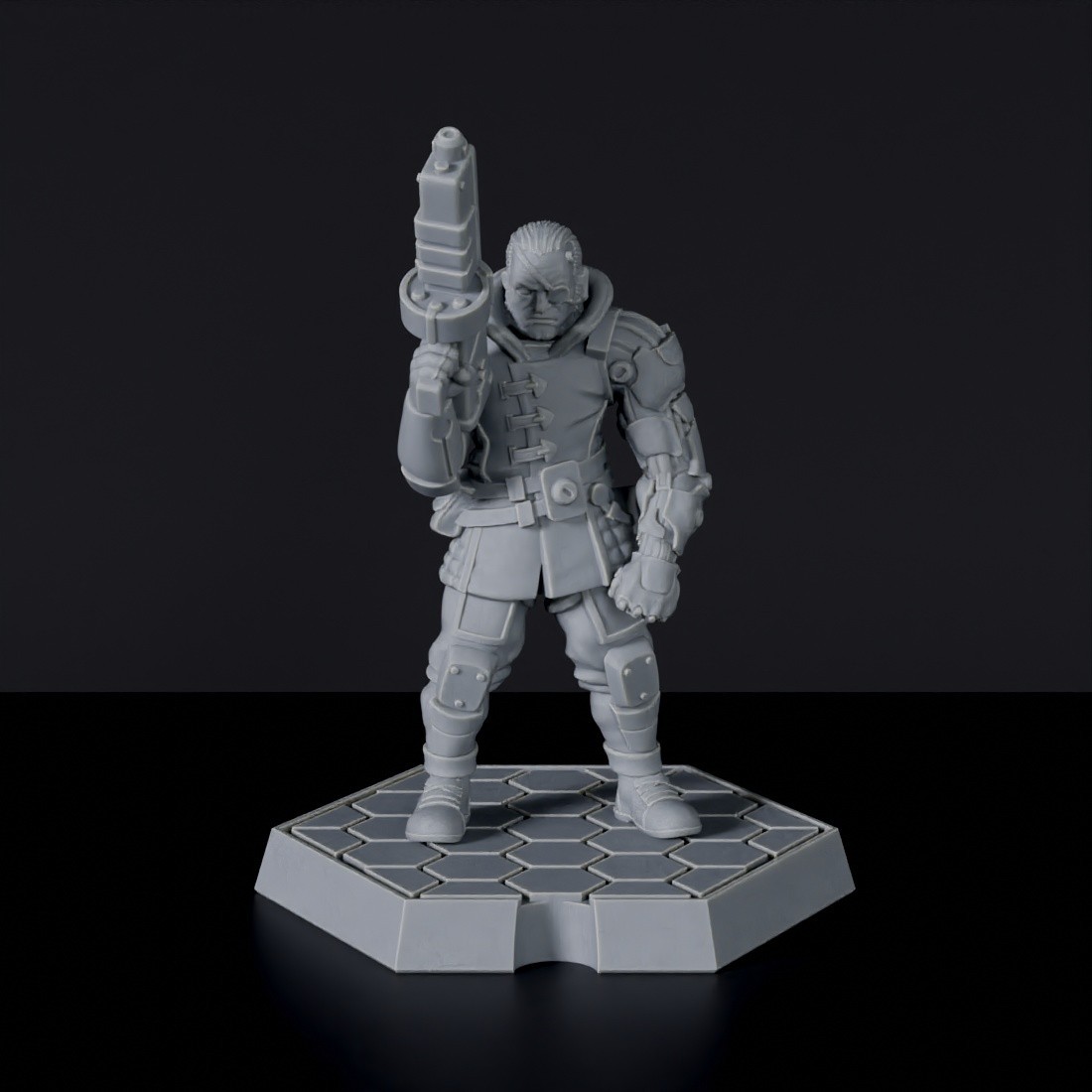 Futuristic miniature of sci fi male warrior with futuristic gun and steel arms - John Quaide for Gridwars Gangs of TC army