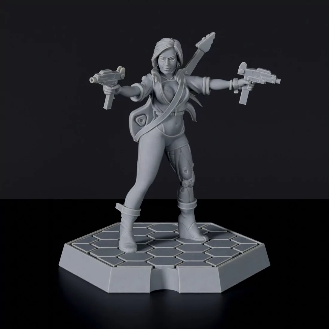 Futuristic miniature of sci fi female human with guns and steel leg implant - Jenny Silverleg for Gridwars Gangs of TC army