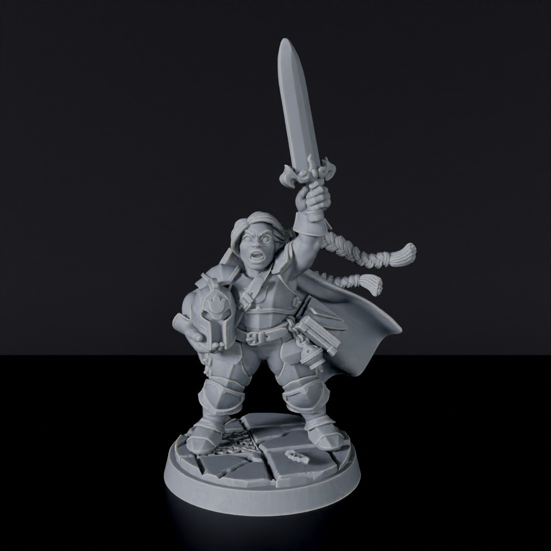 Miniature of Dwarf Female Paladin with sword and helmet - dedicated warrior set to army for fantasy tabletop RPG games Dwarf Female Paladin