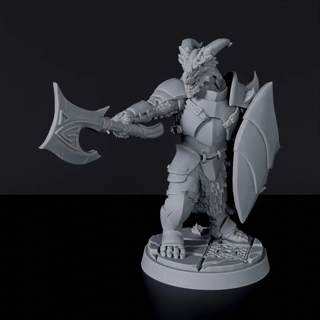 Miniature of knight Dragonborn Male Fighter with axe, armor and shield for  fantasy tabletop role-playing games