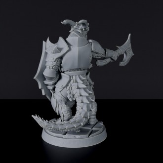 Miniature of Dragonborn Male Fighter with armor, shield and axe - dedicated warrior set to army for fantasy tabletop RPG games