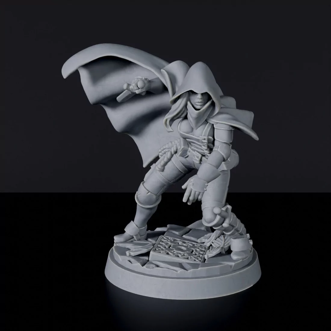 Miniature of Human Female Rogue with knife and cloak - dedicated thief set to army for fantasy tabletop RPG games