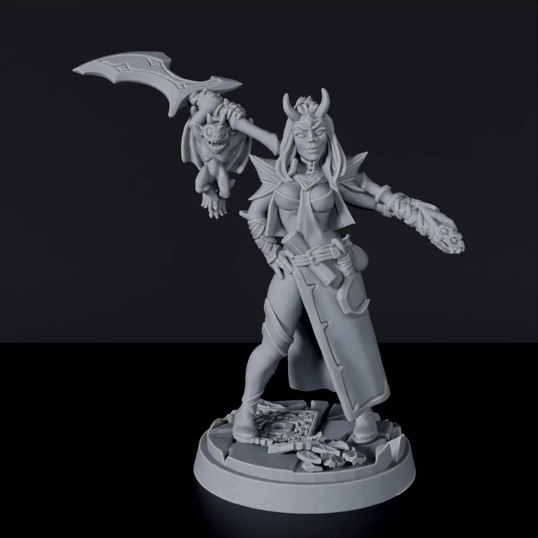 Fantasy miniature of Tiefling Female Warlock with staff and cloak for tabletop role-playing games