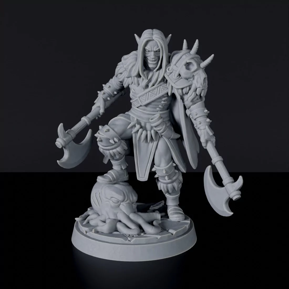 Miniature of Elf Male Barbarian with axes and armor for fantasy tabletop role-playing games