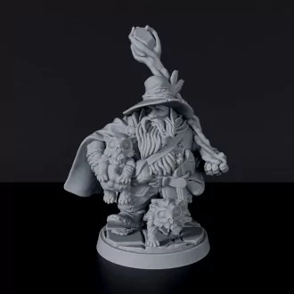 Miniature of Dwarf Male Druid ver. 1 with staff, cloak, hat and owl for fantasy tabletop role-playing games