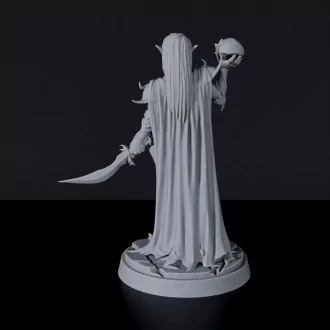 Miniature of Elf Female Wizard with sword, skull and tome - dedicated sorcerer set to army for fantasy tabletop RPG games