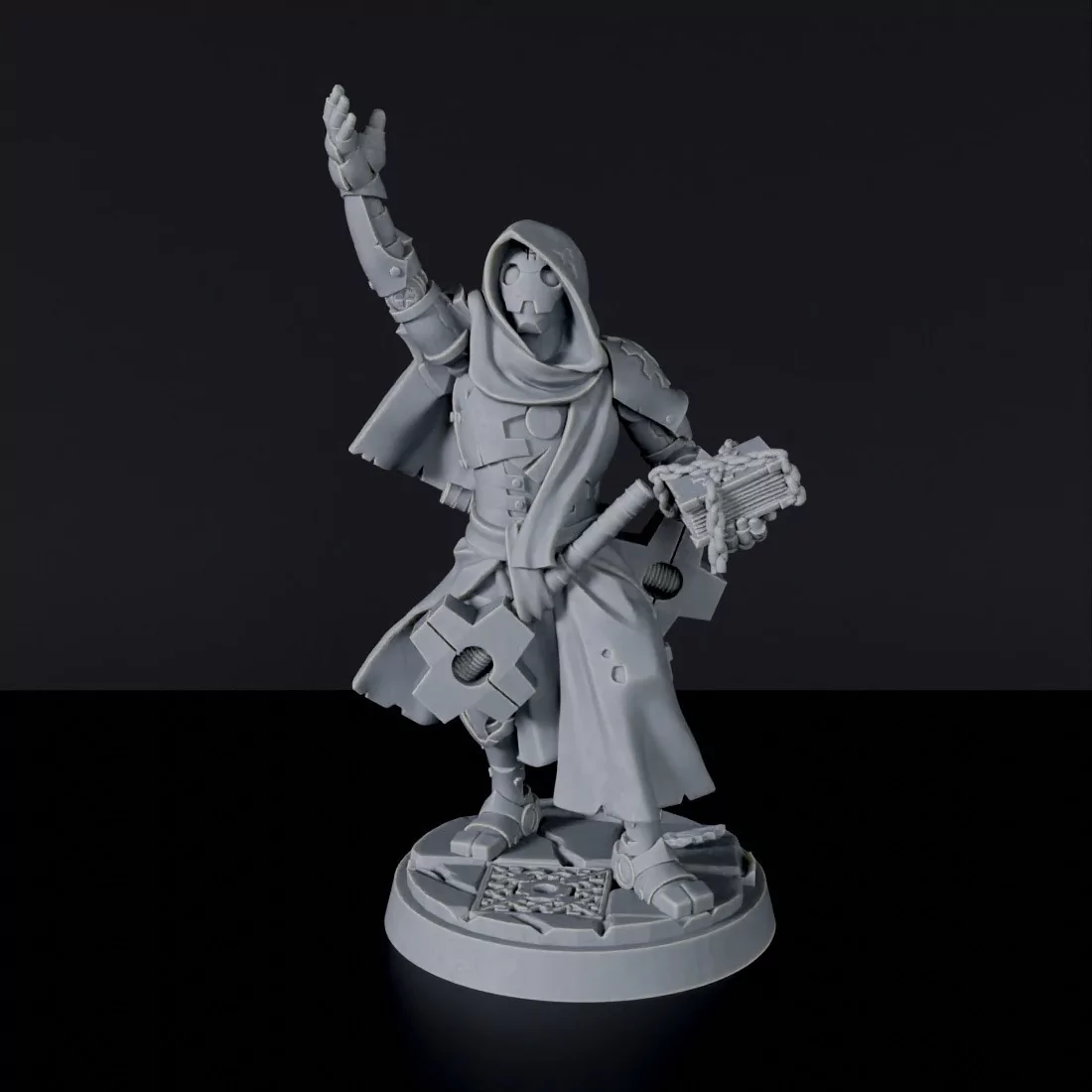 Miniature of Constructed Male Cleric with tome, cloak and hammer for fantasy tabletop role-playing games