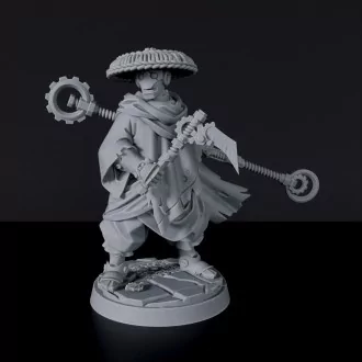 Miniature of Constructed Male Monk with scythe, cloak and hat for fantasy tabletop RPG games