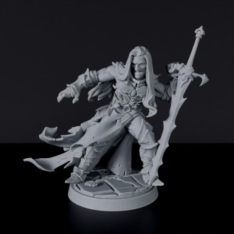 Miniature of Dhampir Male Warrior vampire fighter with sword and cloak for fantasy tabletop RPG games