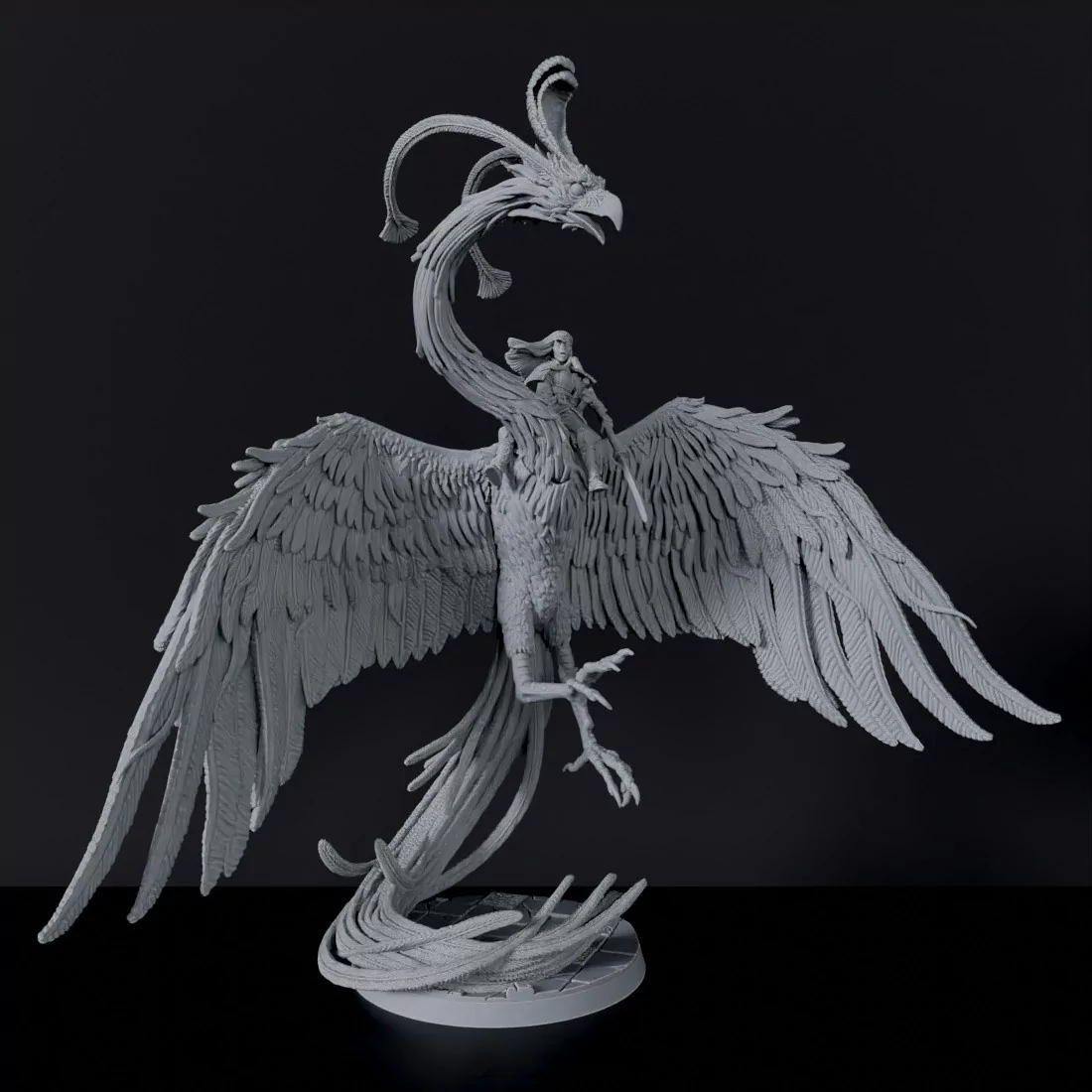 Fantasy miniatures of asian fighter with sword Takiyasha on Suzaku on flying bird monster - Bloodfields tabletop RPG game