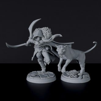 Miniature of Elf Male Ranger with swords, cloak and panther beast for fantasy tabletop RPG games