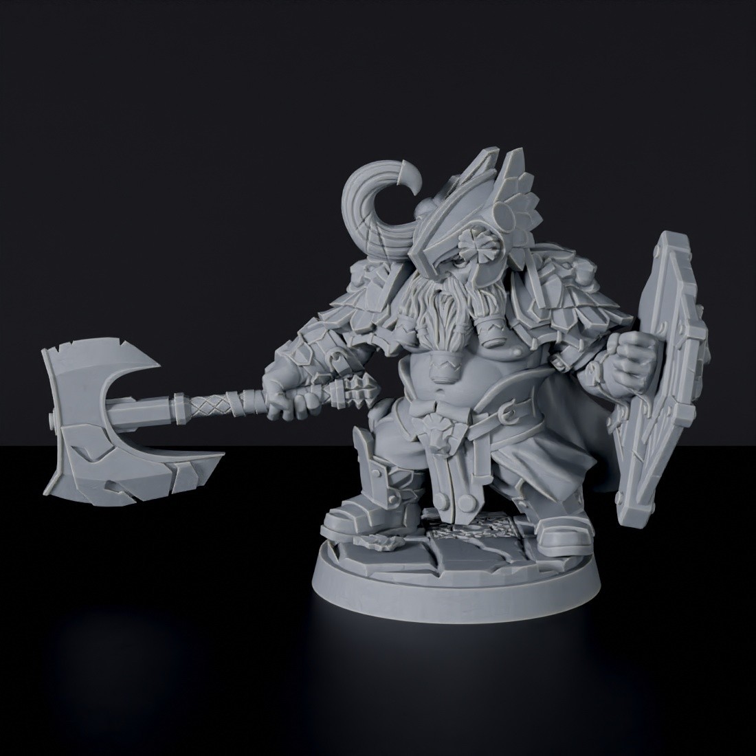 Fantasy miniature of Dwarf Male Fighter ver. 2 with helmet, axe and shield for fantasy tabletop RPG games