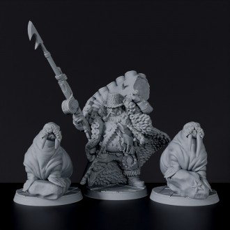 Fantasy miniatures of pirate Captain Narom with Ackimo and Mika for Bloodfields Bloodsail Ogres army